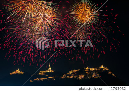 Landscape Scene of multicolor Fireworks annual festival over the Phra Nakhon Khiri (Khao Wang) which is ancient one of the landmark in Phetchaburi Province Thailand. Celebration concept 41793082