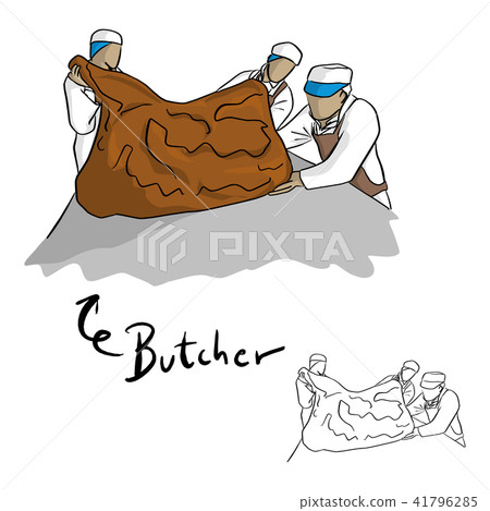 three male butchers helping chopping big meat 41796285