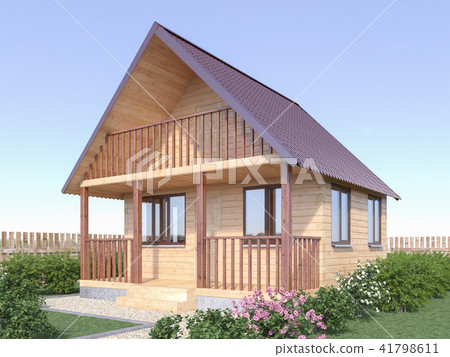 Wooden village house or sauna in the garden exterior. 3d render illustration. 41798611