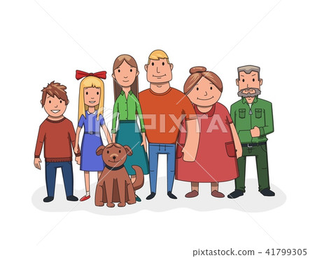 Happy family standing together, front view. Grandfather, grandmother, father, mother, kids and dog 41799305
