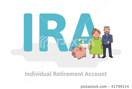 IRA, Individual Retirement Account. Elderly couple in front of acronym, with characters, letters and 41799314