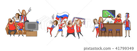 National football team supporters cheering at home, in the bar together. Set of football fans with National football team supporters cheering at home, in the bar together. Set of football fans with 41799349