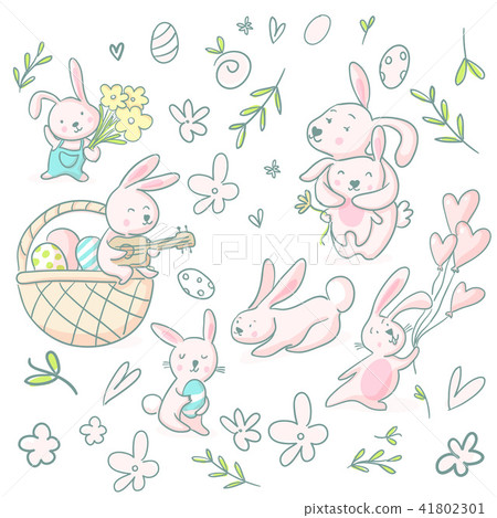 Cute girly hand drawn cute bunnies and flowers.  41802301