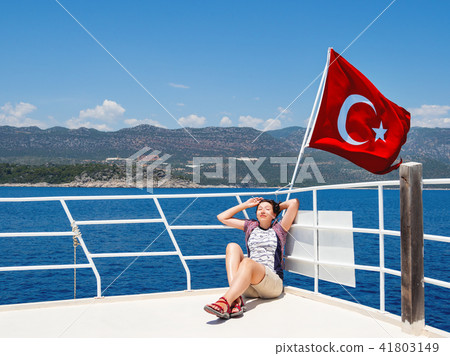 Tourist woman sunbathing on yacht. Turkey. 41803149