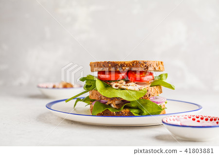 Sandwich with meat and vegetables on a white plate Sandwich with meat and vegetables on a white plate 41803881