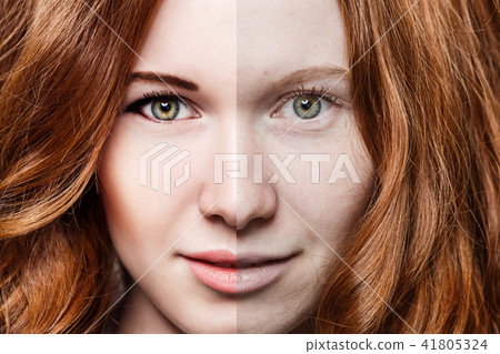 Redhead woman before and after make-up. 41805324