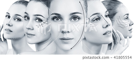 Collage of woman's faces with lifting arrows. 41805554