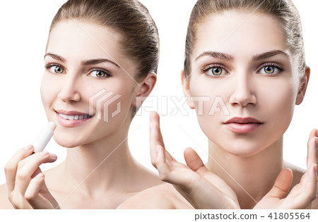 Beautiful woman applying hygienic lipbalm. Beautiful woman applying hygienic lipbalm. 41805564