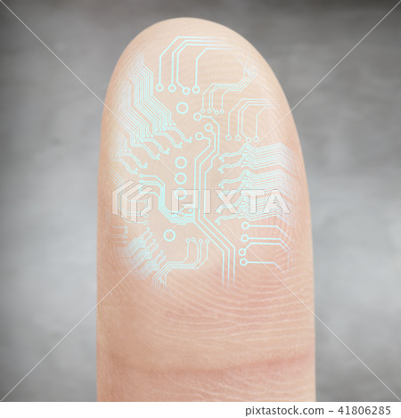 Finger pressing on virtual button with dactyloscopy scanner. 41806285