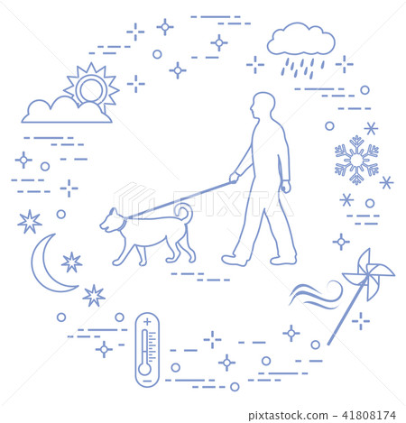 Man walking a dog on a leash in any weather Man walking a dog on a leash in any weather 41808174