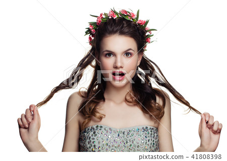 Happy Woman with Perfect Hairstyle, Makeup and Flowers Isolated Happy Woman with Perfect Hairstyle, Makeup and Flowers Isolated 41808398