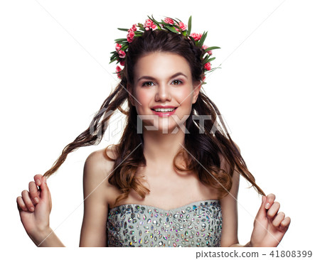 Happy Prom Girl with Perfect Hairstyle and Makeup Isolated on Wh 41808399