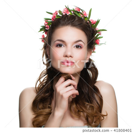 Young Brunette Woman Isolated on White Background. Perfect Hairs Young Brunette Woman Isolated on White Background. Perfect Hairs 41808401