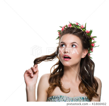 Surprised Girl Looking Up Isolated on White Background Surprised Girl Looking Up Isolated on White Background 41808402