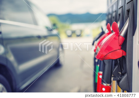 Close-up fuel nozzles on petrol and diesel fuel 41808777