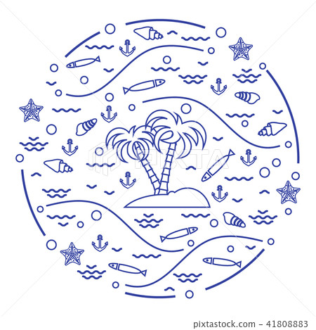 fish, island with palm trees, anchor, waves, 41808883