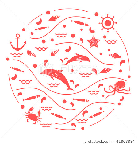 dolphins, octopus, fish, anchor, helm, waves, 41808884