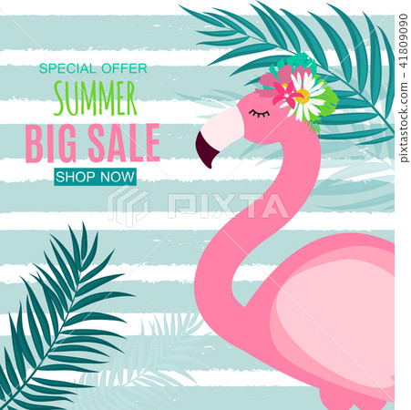 Abstract Summer Sale Background with Flamingo and Palm Leaves. Vector Illustration 41809090