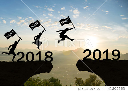 Happy New Year 2019 Men jump over silhouette 41809263
