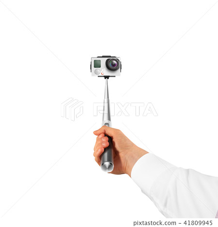 Hand holding action camera isolated, take selfie. Monopod Hand holding action camera isolated, take selfie. Monopod 41809945
