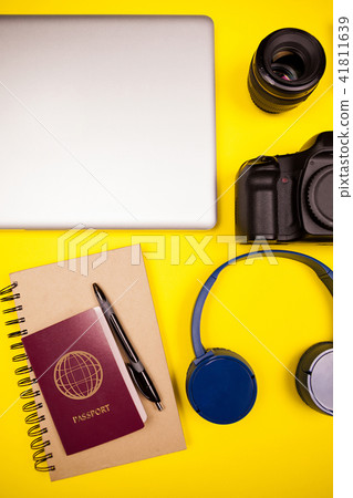 Travel blogger kit on yellow background 41811639