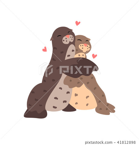 Couple of cute seals in love embracing each other, two happy  aniimals hugging with hearts over thei 41812898