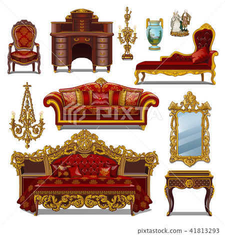 A set of furniture red color for vintage interior isolated on white background. Vector cartoon close 41813293