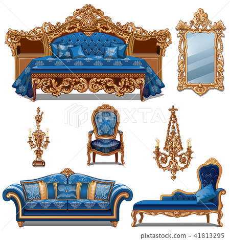 A set of furniture blue color for vintage interior isolated on white background. Vector cartoon A set of furniture blue color for vintage interior isolated on white background. Vector cartoon 41813295