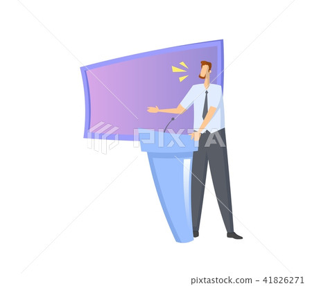 Speacker in front of screen. Man giving speech behind the rostrum. Colorful flat vector illustration 41826271