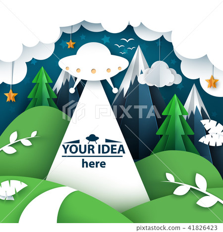 Cartoon paper landscape. UFO illustration. Cartoon paper landscape. UFO illustration. 41826423