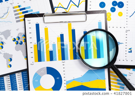 Analysis of the report. Collection of marketing data. Graph and magnifying glass. 41827801