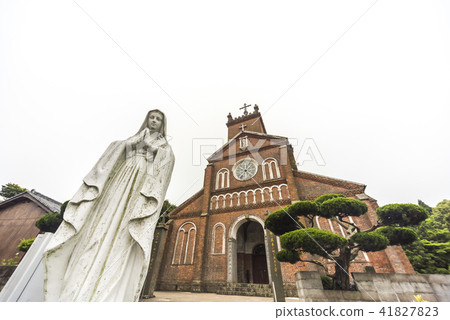 Kuroshima Catholic Cathedral Façade Entrance Landscape seen through Maria Statue 41827823