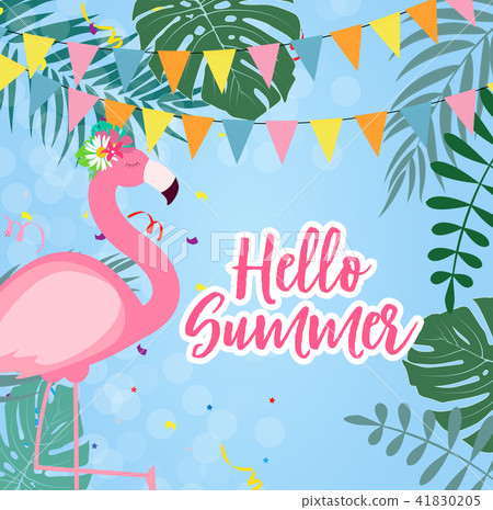 Cute Pink Flamingo Hello Summer Background Vector Illustration 41830205