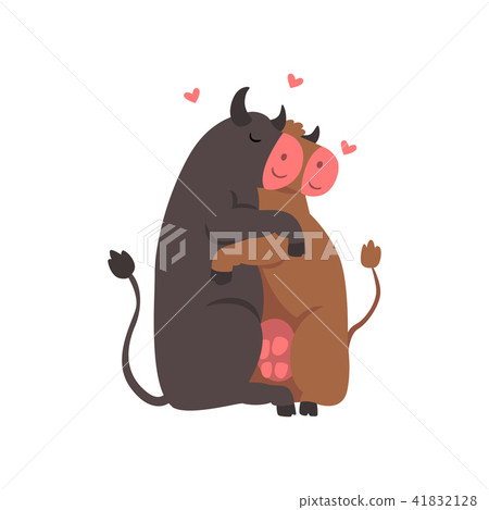 Couple of cute cows in love embracing each other, two happy aniimals hugging with hearts over their Couple of cute cows in love embracing each other, two happy aniimals hugging with hearts over their 41832128