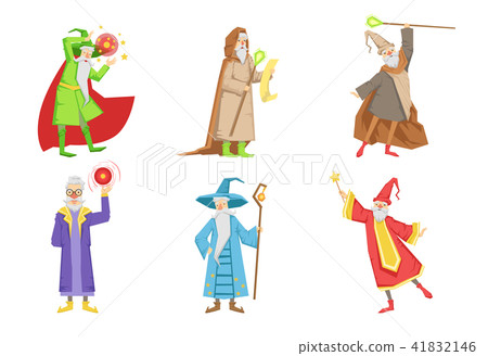 Flat vector set of gray-bearded wizards. Cartoon characters of old men s with magical powers Flat vector set of gray-bearded wizards. Cartoon characters of old men s with magical powers 41832146