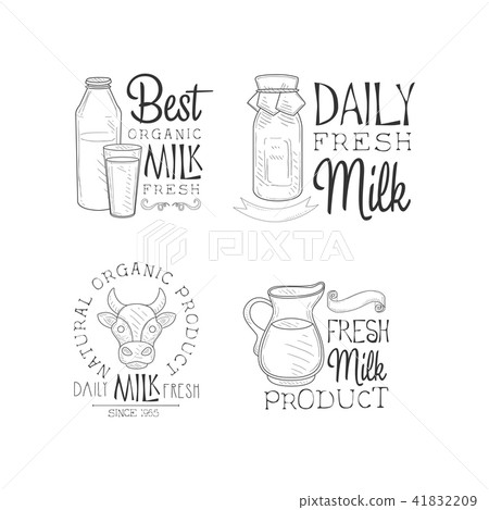 Vector set of logos for fresh dairy products. Sketch style emblems with bottles and glass, cow head Vector set of logos for fresh dairy products. Sketch style emblems with bottles and glass, cow head 41832209