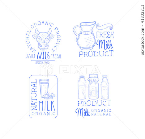 Vector set of 4 hand drawn emblems for fresh dairy products. Logo templates with cow head and jug Vector set of 4 hand drawn emblems for fresh dairy products. Logo templates with cow head and jug 41832213