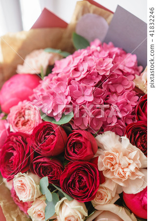 beautiful spring bouquet. flower arrangement with hydrangea and peonies. Color red and pink. The beautiful spring bouquet. flower arrangement with hydrangea and peonies. Color red and pink. The 41832246