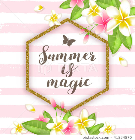 Tropical flowers and golden glitter frame 41834870