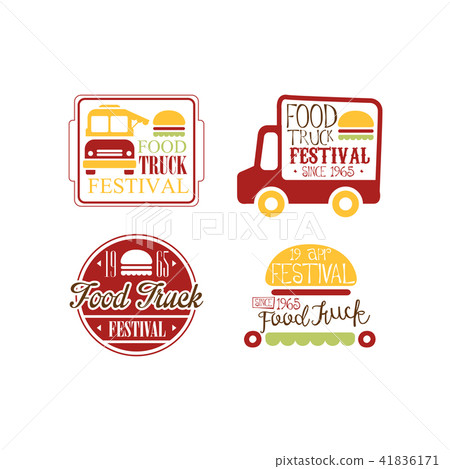 Vector set of colorful logo templates for food truck festival. Burger cafe on wheels. Street eating Vector set of colorful logo templates for food truck festival. Burger cafe on wheels. Street eating 41836171