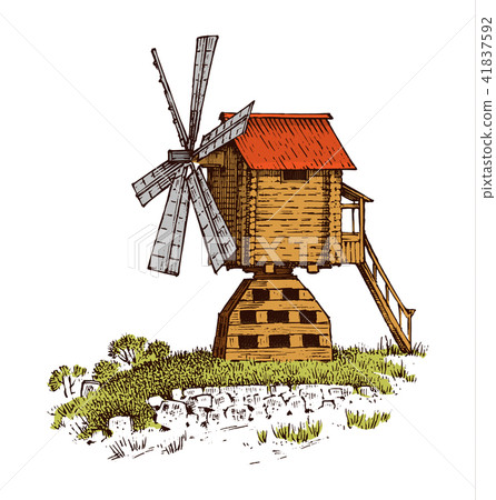 Windmill landscape in vintage, retro hand drawn or engraved style, can be use for ecological bakery Windmill landscape in vintage, retro hand drawn or engraved style, can be use for ecological bakery 41837592