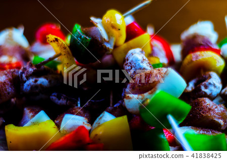 skewers with meat and vegetables skewers with meat and vegetables 41838425