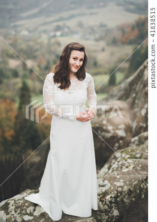 Beautiful happy bride outdoors in a forest with rocks. Wedding perfect day 41838515