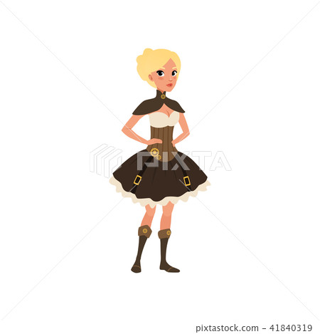 Steampunk woman posing with arms akimbo. Fancy dress for Halloween party. Young girl in top, corset 41840319