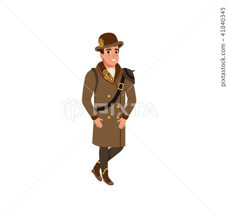 Gentleman in steampunk outfit. Young man wearing shirt, long brown coat, boots and bowler hat with 41840345