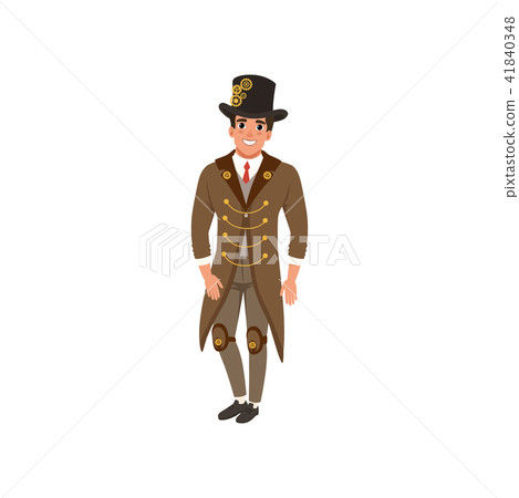 Young man in steampunk suit. Cheerful guy in vintage long jacket, shirt, tie, vest, pants and hop 41840348