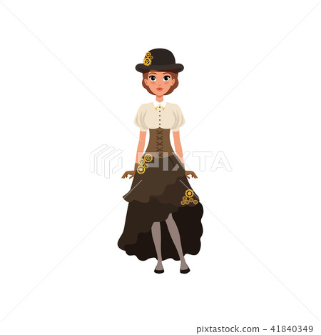Charming girl in steampunk costume. Woman in blouse, skirt with bustle, corset and bowler hat with 41840349