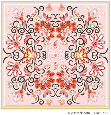 Lovely tablecloth ethnic indian flowers. Beautiful vector ornament. Card, bandana print, kerchief 41841432