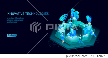 5G new wireless internet wifi connection. Laptop mobile device isometric blue 3d flat. Global 41842024