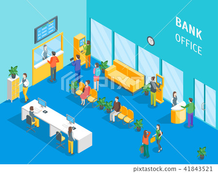 Bank Office Interior with Furniture and People Isometric View. Vector 41843521